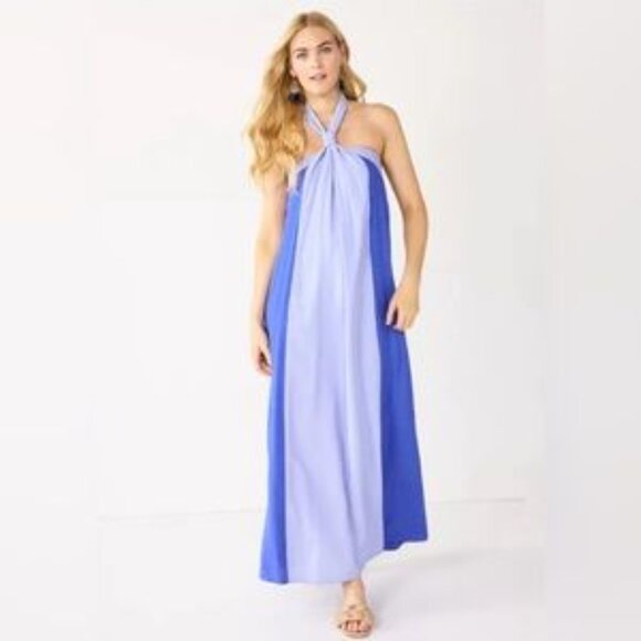 Nine West Halter Neck Colorblock Maxi Dress Clematis Blue Combo Size XL - Picture 1 of 10